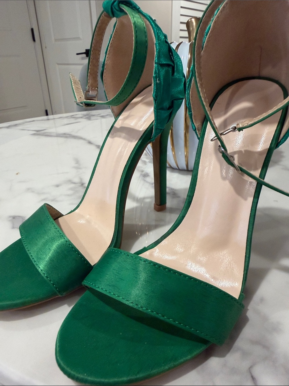 Green Satin Stiletto Ankle-Strap Heels